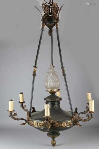 Large Napoleon III Empire hanging lamp. Patinated and gold-plated brass. Electric, 7-light. Size: