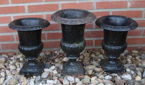 Three smaller cast-iron garden vases. 20th century. Size: approximately 40 x 18 cm ø. In good