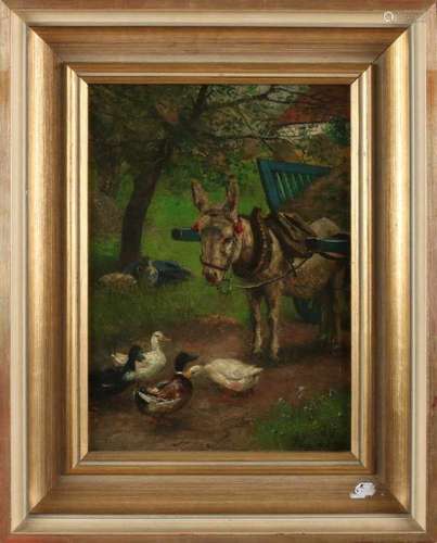 Restsignature. Circa 1900. Donkey pan with ducks. Oil paint on panel. Size: 32 x 24 cm. In good