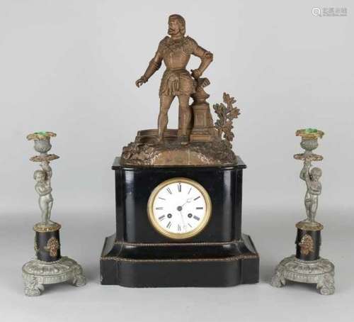 Antique French clock set. Circa 1870. Embedded wood and composition metal. Pendule with a knight,