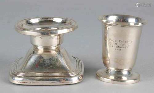 Silver candlestick, 925/000 and cup, 835/000. Low candlestick, square model with double fillet edge,