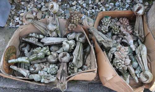 Two boxes of concrete garden ornaments in Louis Seize style. Size: 80 x 60 x 60 cm. In decent shape.