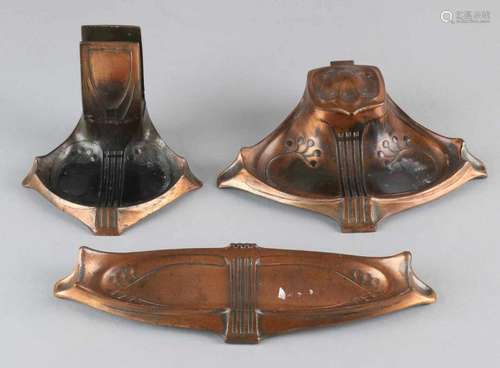 Three times antique Jugendstil desk accessories. Bronze colored. Composition metal. Circa 1915.