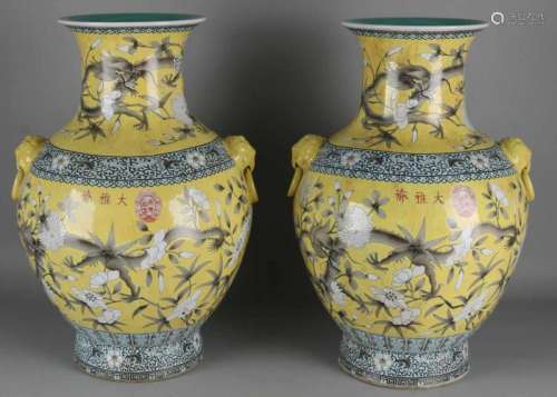 Two large old Chinese porcelain ornamental vases. Imperial yellow with dragons and blossoms, crackle