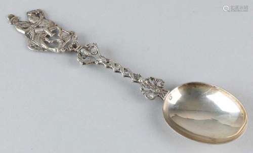 Silver occasional spoon, 835/000, with double twisted stalk with dolphins, crowned with a rider on