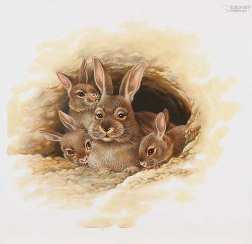 Chris Overbeeke. Unsigned. Painted in commission as advertising. Rabbits family. Oil paint on panel.