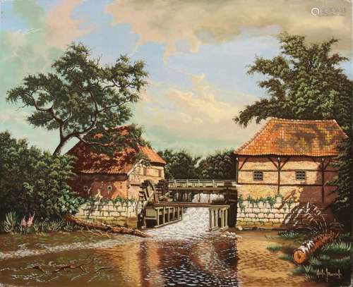 Henk Reerink. Hengelo. Watermill Haaksbergen. Oil paint on linen. Size: 40 x 50 cm. In good