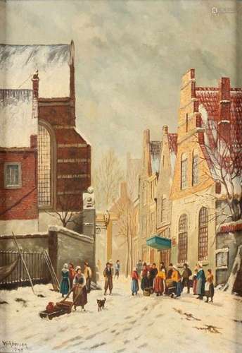 W. Aberson. 1948. Romantic winter cityscape with figures. Oil paint on linen. Size: 24 x 30 cm. In