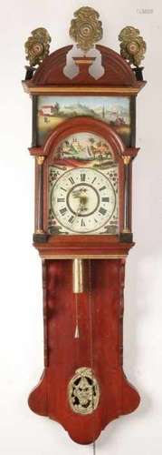 Large antique oak Frisian tail bell with double shade, painted panels + alarm clock. In oxblood