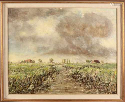 J. Halma. Polder face with farms and cows. Oil paint on linen. Size: 72 x 58 cm. In good