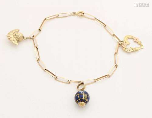 Yellow gold close for ever bracelet, 585/000, with 3 charms, a globe with precious stones, an edited