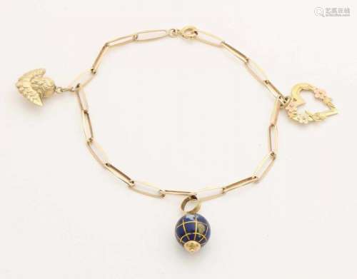 Yellow gold close for ever bracelet, 585/000, with 3 charms, a globe with precious stones, an edited