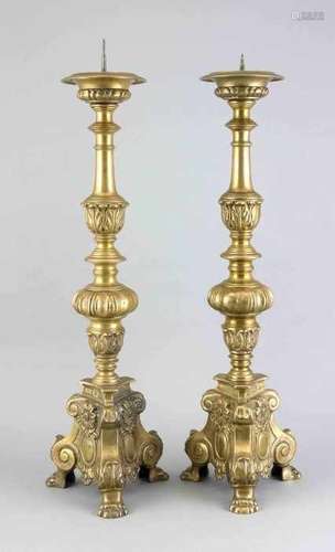 Two large old brass Baroque-style candle candlesticks. 20th century. Size: 65 cm. In good condition.