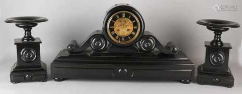 Large antique black marble clock set with brocot balance. Circa 1870. Eight-day movement, half-