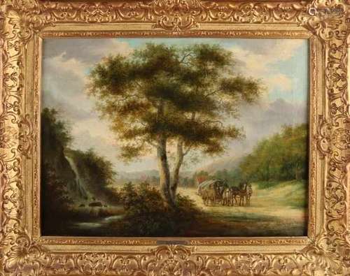 Unsigned? Circa 1850. German school. Mountainous landscape with horse cart and figure. Oil paint