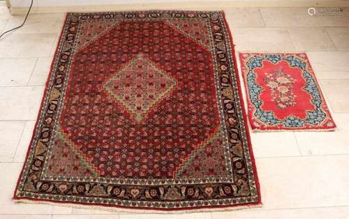 Old Persian rug, sand-colored, brown-gray-black-creme, floral. Size: 180 x 118 cm. And small