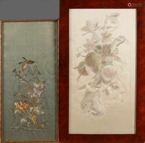 Two ancient Chinese silk-embroidered artworks with fruit, floral and butterfly decor. 20th