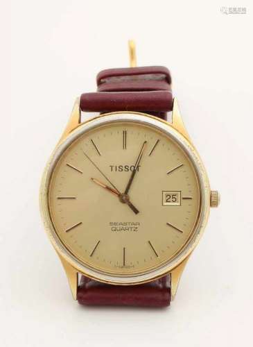 Gold colored Tissot watch with date display, Seamaster Quartz. With leather strap ø 33 mm. Gilt some