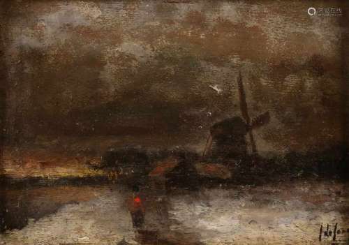 Jan de Jong. 1863-1901. Dutch winter landscape with windmill and walker. Oil paint on panel. Size: