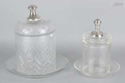 Crystal biscuit and marmalade jar with saucer and silver knob. Rusk with grinding and silver knob