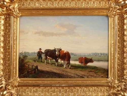 Helmert Richard van der Flier. 1827 - 1899 Fecit 161. Dutch sunny landscape with shepherd, dog and