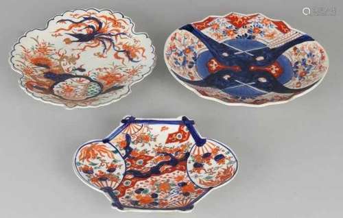 Three pieces of 19th century Imari porcelain dishes. Shell form, with floral, bird of paradise and