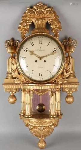 Very large gilt Swedish Cartel wall clock with pearless movement, eight-day, half-hour beat on bell.