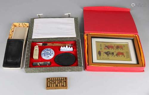 Ancient seven-piece Chinese calligraphy set, artwork in box, inkstone and Chinese brass abacus. 20th