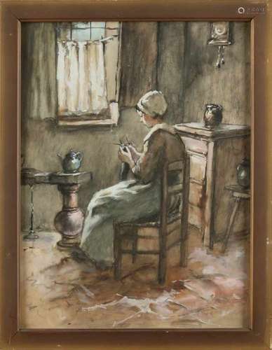 Unclear signed. 19th century. Farmers interior with knitting woman in front of window. Mixed