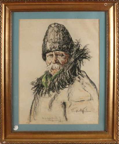 Unclear. Russian School. 1940. Portrait Russian man in winter clothing. Charcoal on paper. Size: