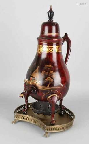 Large antique hand-painted pewter tap jug. 19th century. One claw-foot brass misses behind. Size: