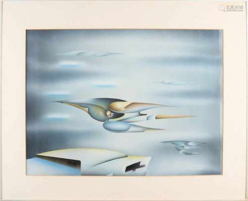 De Groot? 70-years. Sky landscape. Magical realism. Acrylic on linen. Size: 63 x 47 cm. In good