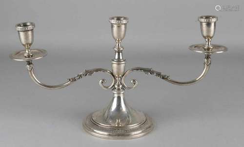 Silver candlestick, 800/000, 3 lights with 2 arms with leaf decor and round foot with pearl and