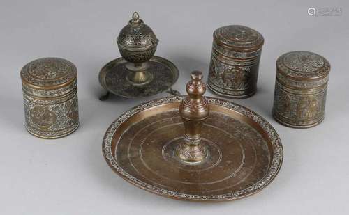 Antique five-piece brass Persian spices set with floral and animal decors. Size: 8 - 19 cm. In