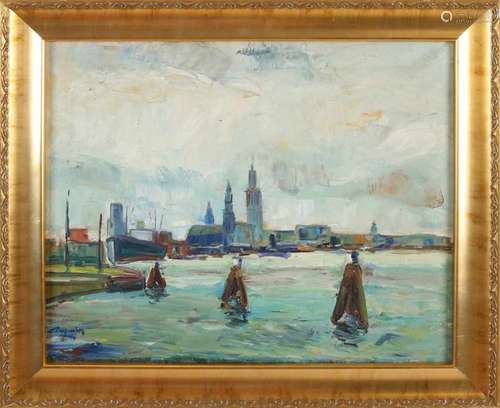 Roger Reyniers. 1927 - 2011. Harbor view with dolphins. Oil paint on linen. Size: 45 x 38 cm. In