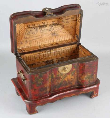 Old Tibetan or Chinese lacquerware jewelry box with gold colored painting. 20th century. Size: 25