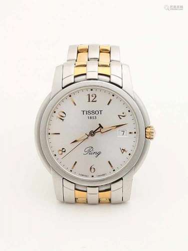 Tissot steel men's watch with bicolour link, a cream colored dial with gold colored index and date