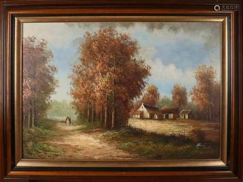 H. Kamp. Landscape with farm and figures. Second half of the 20th century. Oil paint on linen. Size: