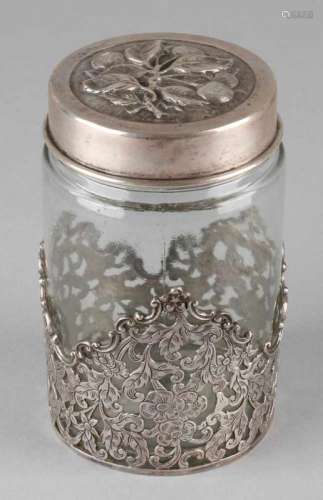 Glass jam jar with silver frame, 835/000. Jampot with sawn frame with Biedermeier pattern with a