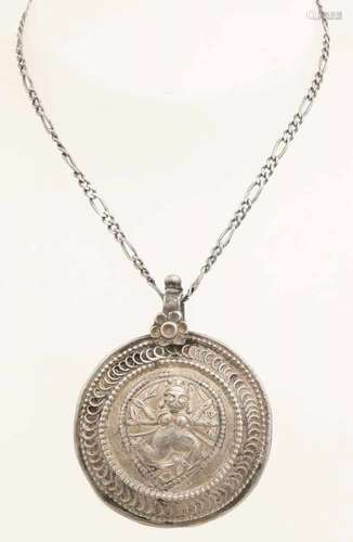 Silver necklace with pendant, BWG, figaro necklace with round pendant with Oriental image. ø 50