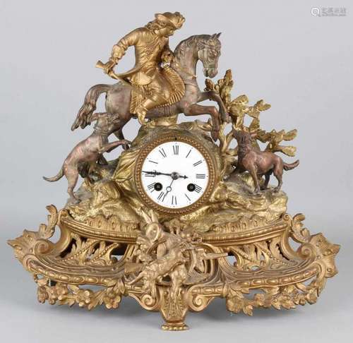 Antique French romantic pendulum. Hunting performance. Wolf is loose. Clock has eight-day