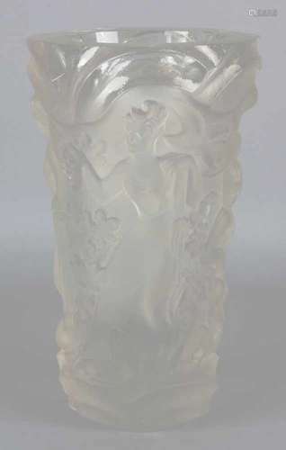 Large Lalique-style press glass decorated vase with around figures decor. Seasons. 20th century.