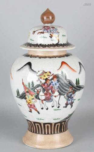 Large old Chinese baluster shaped cantonese vase with warriors in landscape decor and soil mark.