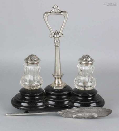 Silver ink set with pen. Ink set with 2 crystal pots with silver lid with floral pattern and a