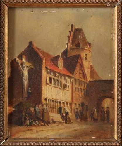 Unsigned. 19th century. Cityscape with figures. Oil paint on panel. Size: 16 x 21 cm. In good