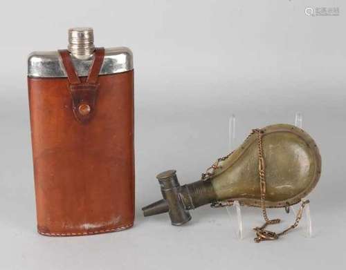 Antique powder horn and old vial. One powder horn with copper and horn holder, circa 1900. One