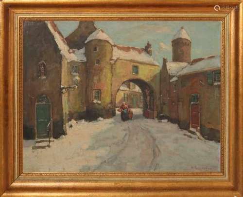 Henk van Leeuwen from Oudewater. 1890 - 1972. Snowy village street with mother and child. Oil