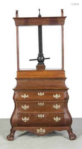 18th Century Dutch oak linen press on double curved Dutch chest of drawers. With brass fittings.