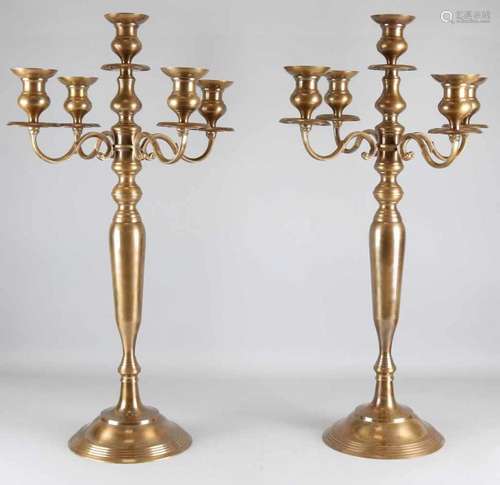 Two large five-light bronze candle candlesticks. 21st century. Size: 84 cm. In good condition.