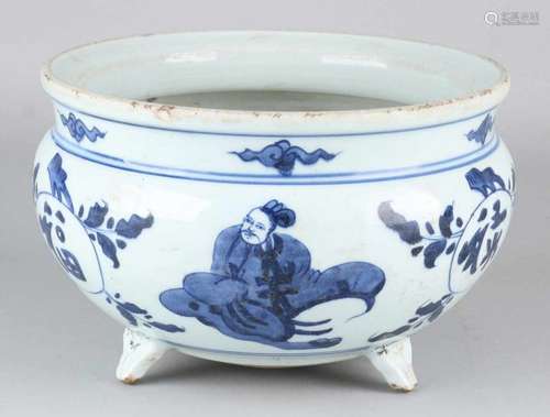 Old large Chinese porcelain incense pot on three legs with around figures and signs decors. Size: